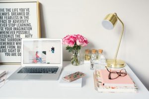 Laptop on a desk.